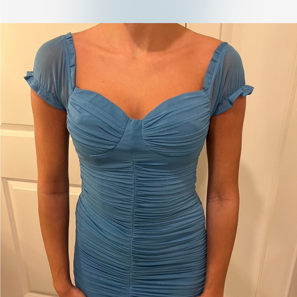 Chic Blue Ruched Mini Dress - Picture 8 of 8
